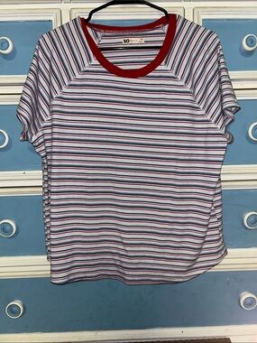 SO Red-Trim White Multi-Stripe Short Sleeve Tee